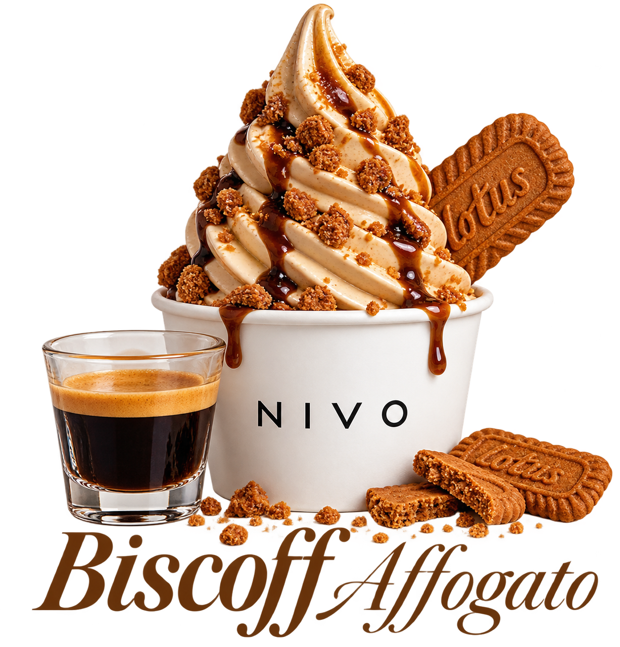 NIVO Biscoff Affogato with espresso poured over frozen yogurt